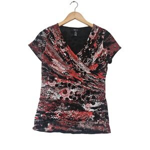 Style & Co Top Size M Animal Print Sheer Overlay V Neck Ruched Short Sleeve Boho